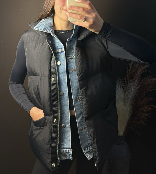 Layered Denim Puffer Vest