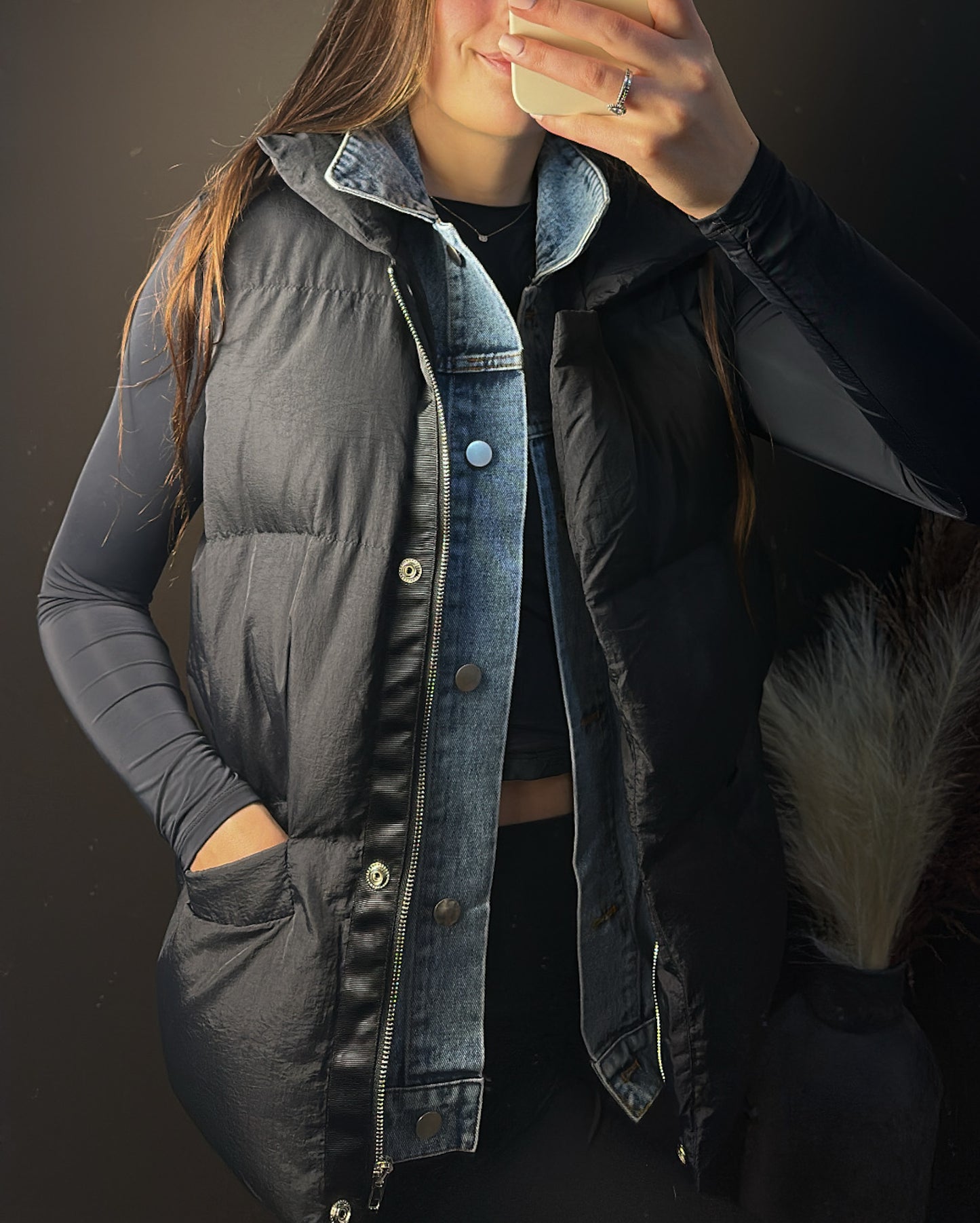 Layered Denim Puffer Vest